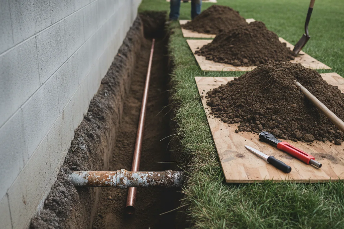 Excavated water line trench during Sewer Line Repair in Forest Ranch